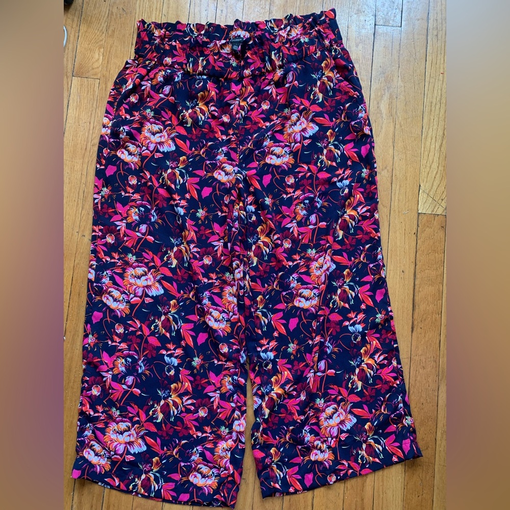 Halogen Sz Large Floral Print Elastic Waist Wide Leg Pants in Navy & Pink
